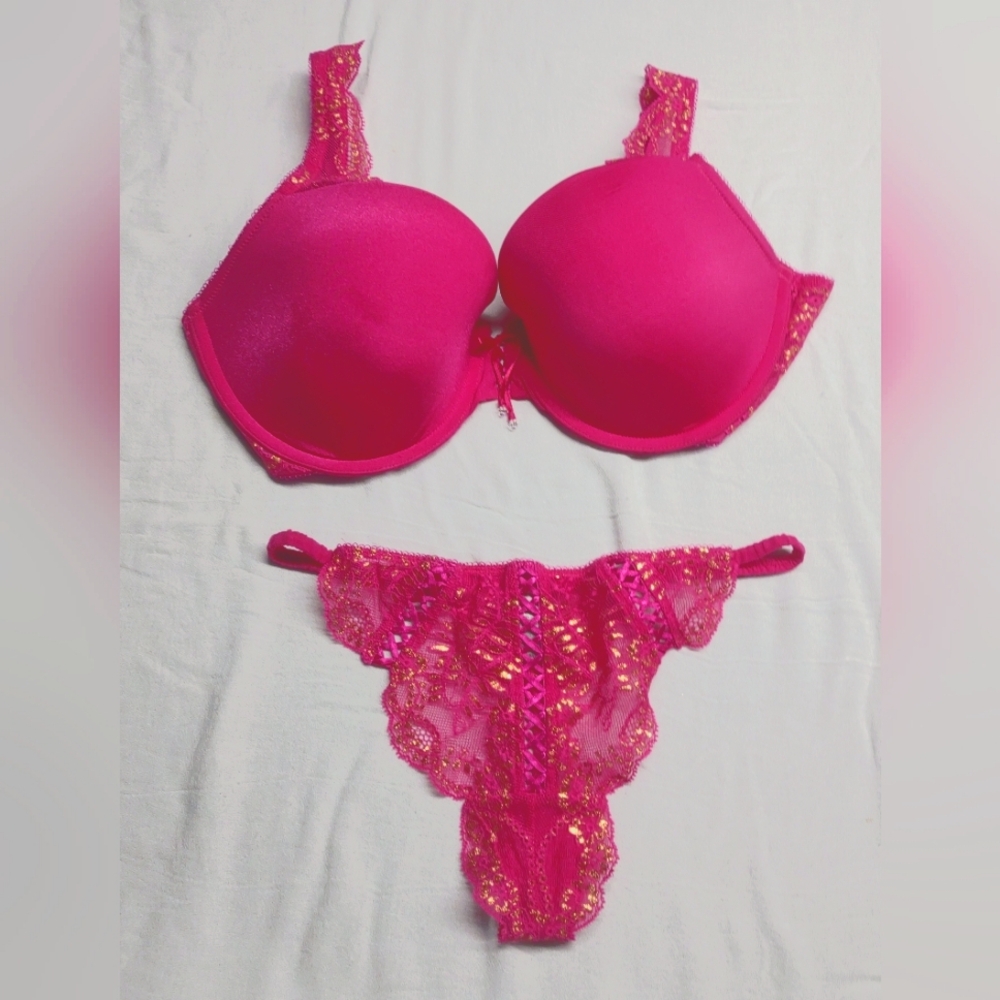 VS bra and panty set. Hot pink with gold accents on lace trim. 36D, medium panty